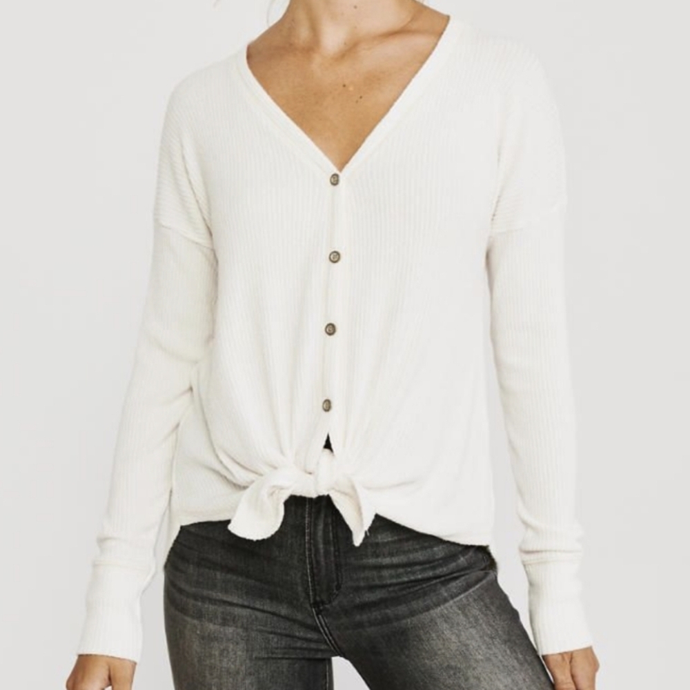 Abercrombie & Fitch Cream Cozy Ribbed Tie Front Button-Up Top Sz S